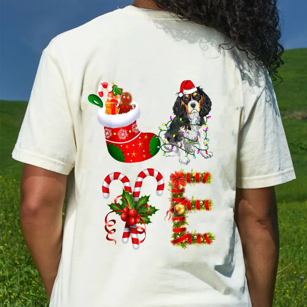 Cavalier King Charles Spanie Dog Christmas Light T-Shirt - Cream